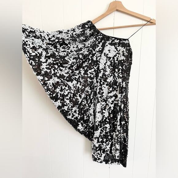 Aidan mattox sequin one shoulder cape dress mini black white - Picture 2 of 8